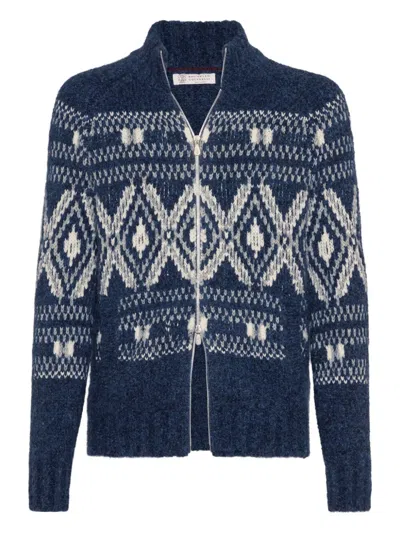 Brunello Cucinelli Men Alpaca Blend Cardigan With Embroideries In Blue