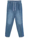 Brunello Cucinelli Men Cotton And Linen Denim Leisure Fit Pants With Drawstring And Double Pleats In Blue