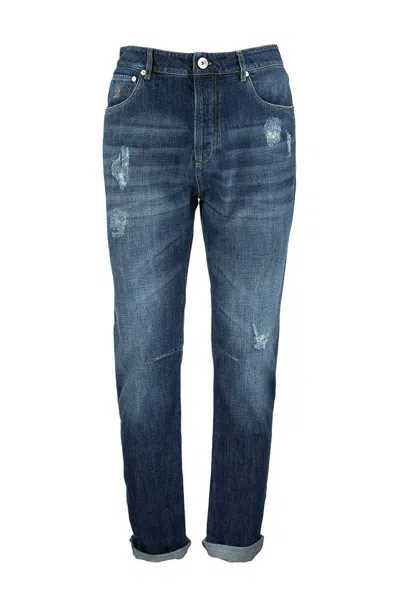 Brunello Cucinelli Fivepocket Leisure Fit Trousers In Old Denim With Rips In Blue