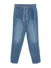 Brunello Cucinelli Men Cotton And Linen Denim Leisure Fit Pants With Drawstring And Double Pleats In Dark Wash