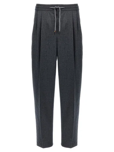 Brunello Cucinelli Drawstring-waistband Wool Tapered Trousers In Grey