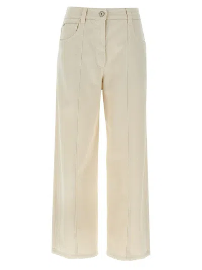 Brunello Cucinelli Loose Trousers In Garment-dyed Comfort Denim With Shiny Tab For Women In Beige