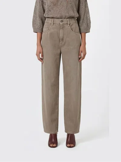 Brunello Cucinelli Contemporary Trousers In Garment-dyed Cotton And Linen Cover With Monile In Brown