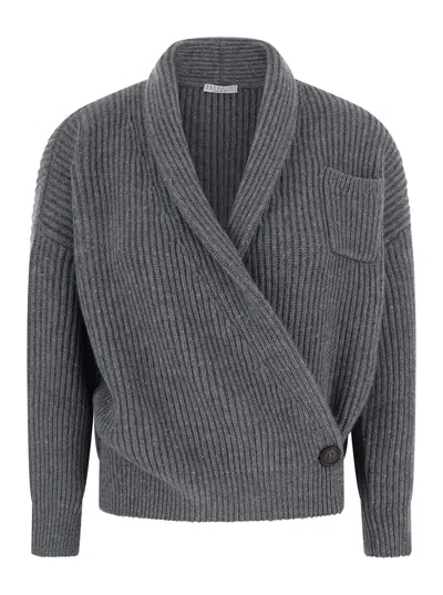 Brunello Cucinelli Cashmere Silk Sequin Embellished Ribbed Wrap Cardigan In Multi