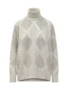 Brunello Cucinelli Grey High Neck Sweater With Dazzling Argyle Motif In Gray