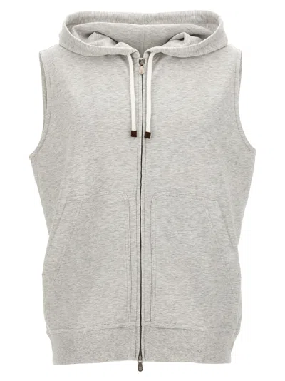 Brunello Cucinelli Zipped Hooded Gilet In Gray