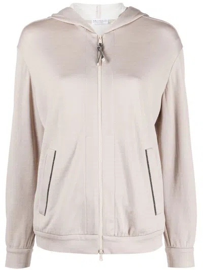 Brunello Cucinelli Jersey-knit Drawstring Zipped Hoodie In Neutrals