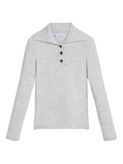 Brunello Cucinelli 平纹针织polo衫 In Gray