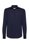 Brunello Cucinelli Patterned-jacquard Long-sleeve Shirt In Azure