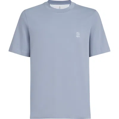 Brunello Cucinelli Classic Branded Cotton T Shirt In Blue