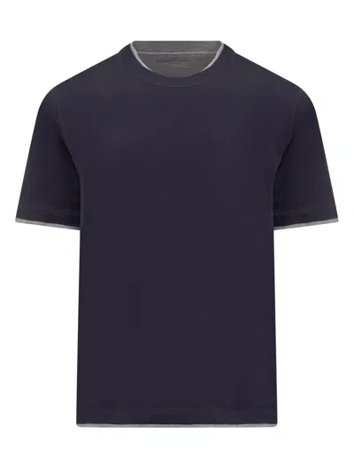 Brunello Cucinelli Jersey T-shirt With Ribbed Hem In Blue