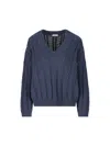 Brunello Cucinelli Cotton Double Cable-knit V-neck Sweater With Micro Pailettes In Blue Colored