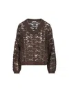 Brunello Cucinelli Dazzling Brown Round Neck Sweater With Open Stitch And Beaded Decorations In Linen Blend Woman In Brown