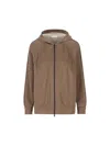 Brunello Cucinelli Hooded Monili Trim Spa Cotton Jacket In Chocolate/butter