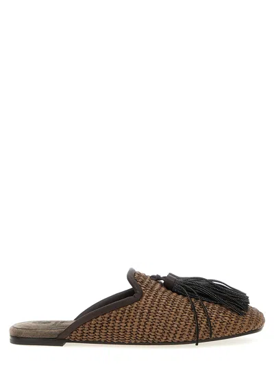 Brunello Cucinelli Jewel Tassel Sabots Flat Shoes Brown