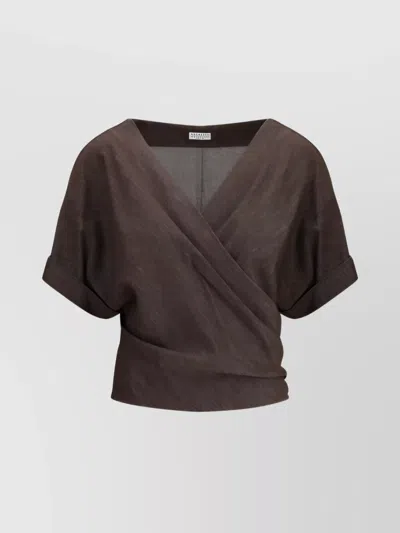 Brunello Cucinelli Jeweled Wrap V-neck Blouse In Brown