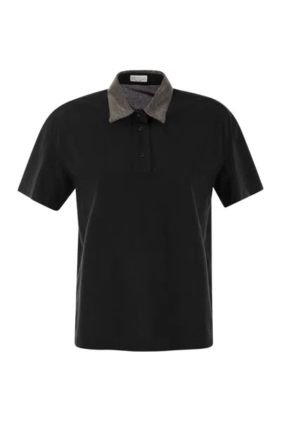 BRUNELLO CUCINELLI BLACK COTTON POLO SHIRT WITH JEWELLED COLLAR
