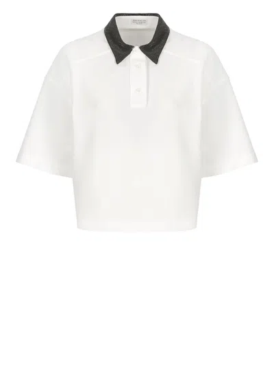Brunello Cucinelli Jewelled Collar Polo Shirt In White
