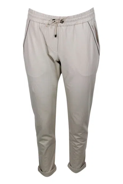Brunello Cucinelli Jogging Trousers With Drawstring Waist In Stretch Cotton With Welt Pockets Embell In Beige