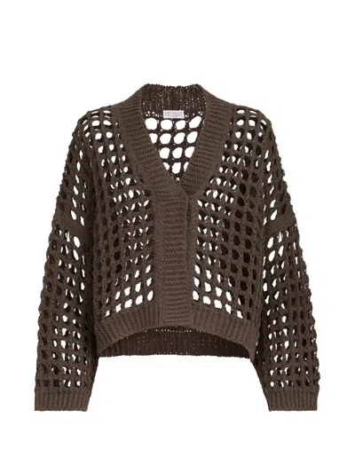 Brunello Cucinelli Jute And Cotton Net Cardigan In Brown