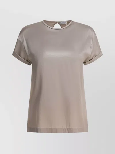 Brunello Cucinelli Keyhole Back Round Neck Satin Finish Tops In Neutral