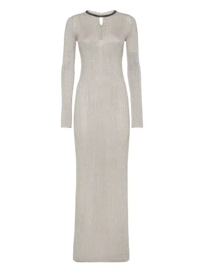 Brunello Cucinelli Keyhole-neck Ribbed Maxi Dress In Gray