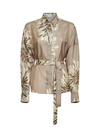Brunello Cucinelli Khaki Bloom Print Pongée Belted Shirt With Monili In Neutral