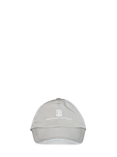 Brunello Cucinelli Khaki Bonded Nylon Logo Baseball Cap In Gray