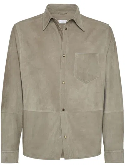 Brunello Cucinelli Khaki Coat With Classic Collar In Gray
