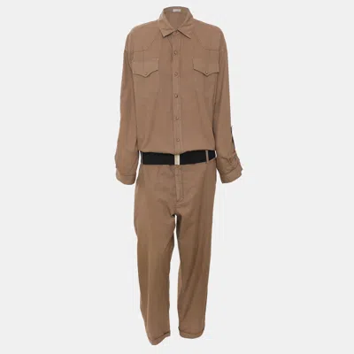 Pre-owned Brunello Cucinelli Khaki Cotton Belted Jumpsuit M In Brown