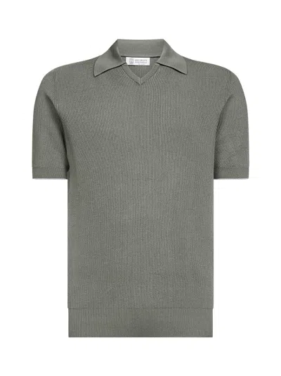 Brunello Cucinelli Men Khaki Cotton Knit Polo Shirt In Gray