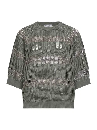 Brunello Cucinelli Women Khaki Cotton Net Knit Sweater With Dazzling Stripes In Green