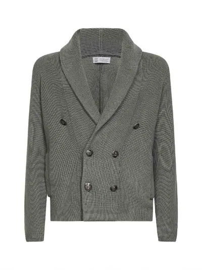 Brunello Cucinelli Khaki Half English Rib Knit Cotton Cardigan In Green