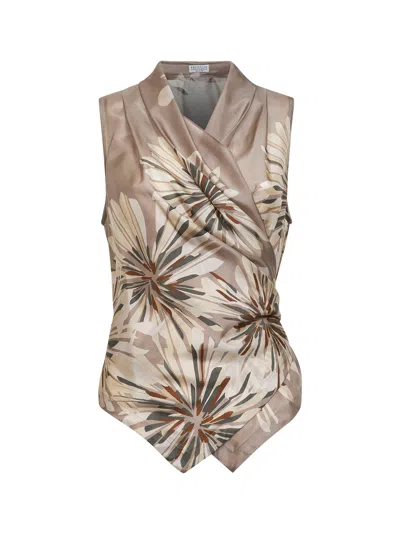 Brunello Cucinelli Khaki Silk Bloom Print Pongée Vest With Monili In Multi