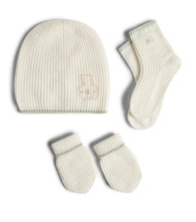 Brunello Cucinelli Kids Cashmere Rib Beanie, Mittens And Socks Set In White