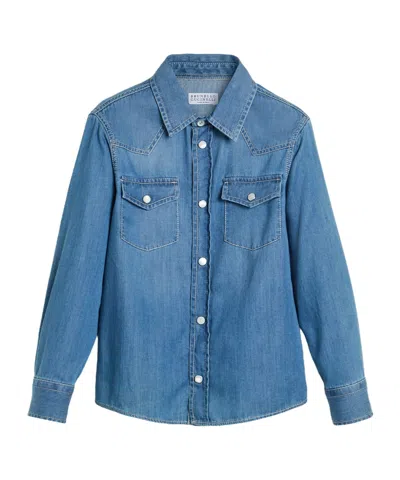 Brunello Cucinelli Kids Long-sleeved Denim Shirt In Blue