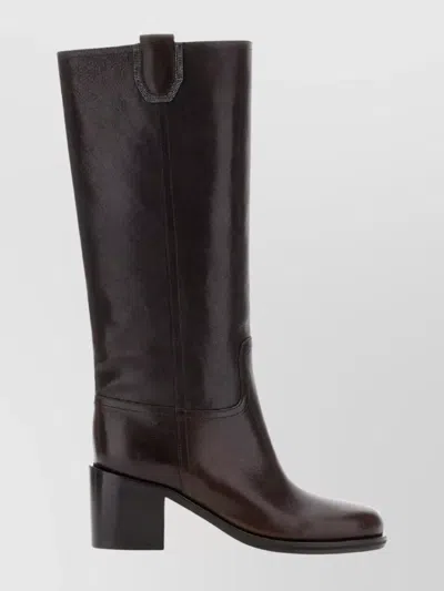 Brunello Cucinelli Knee High Block Heel Boots With Pull Tabs In Black