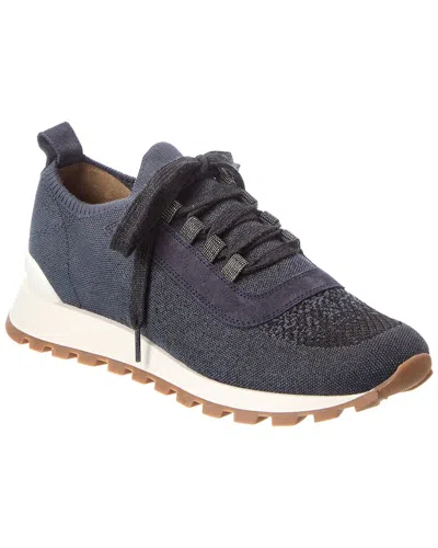 Brunello Cucinelli Knit & Suede Sneaker In Blue