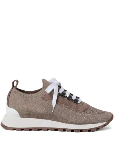 Brunello Cucinelli Knit And Suede Sneaker In Taupe