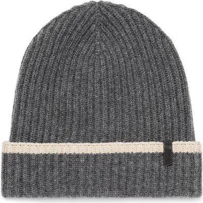 Brunello Cucinelli Contrast Cashmere Beanie In Lead