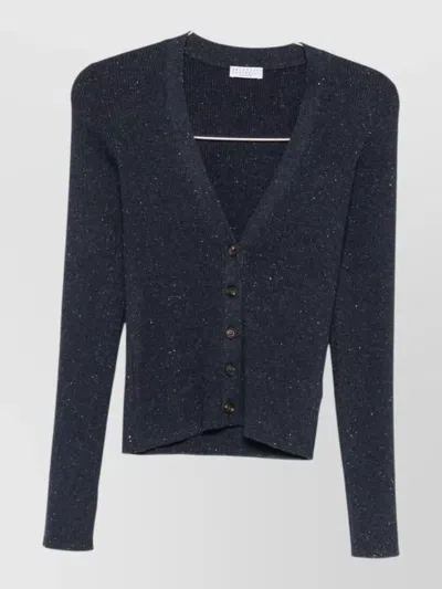 Brunello Cucinelli Knit Cardigan Long Sleeves Ribbed V Neckline In Blue
