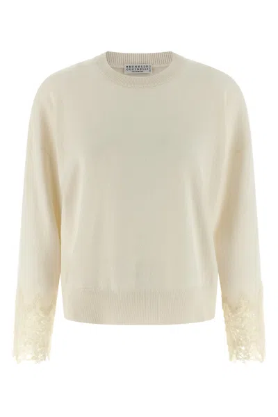 Brunello Cucinelli Knitwear With Dropped Shoulders And Lace Trim In White
