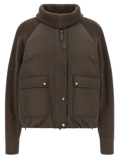 Brunello Cucinelli Knit Insert Down Jacket In Brown