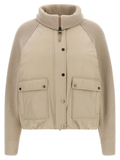 Brunello Cucinelli Knit Insert Hybrid Down Jacket In Beige