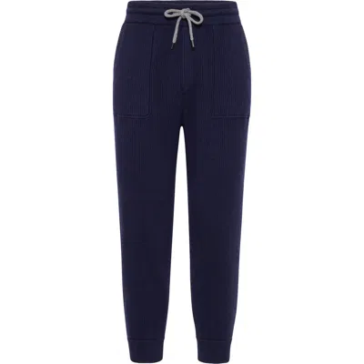 Brunello Cucinelli Ribbed-knit Cotton-blend Track Pants In Blau