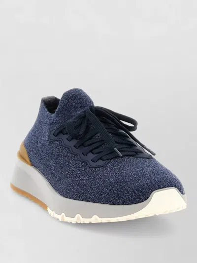 Brunello Cucinelli Low Top Knit Cotton Sneakers With Rubber Sole In Blue