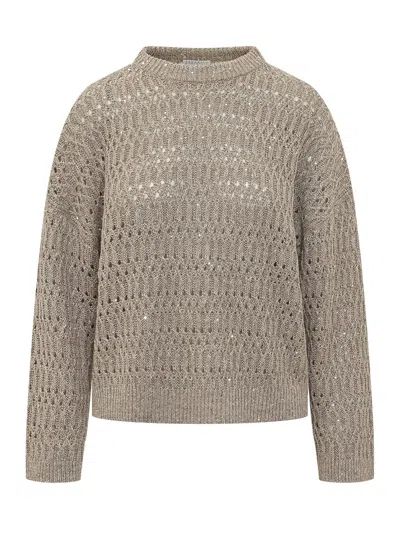 Brunello Cucinelli Knit Long Sleeve Mesh Crewneck Sweater In Brown