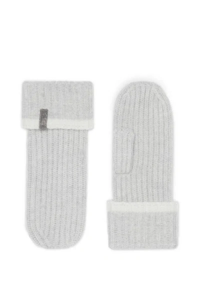 Brunello Cucinelli Knit Mittens With Monili In Fog