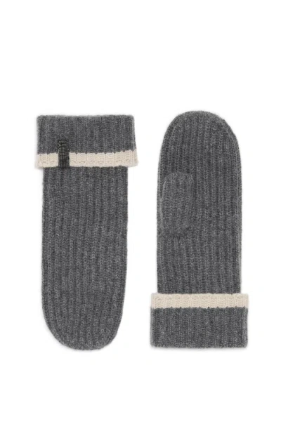 Brunello Cucinelli Knit Mittens With Monili In Lead
