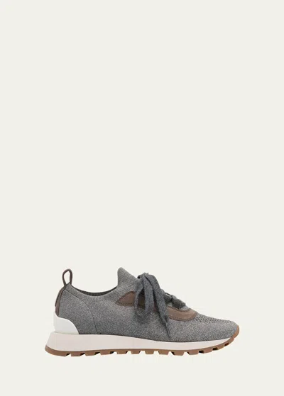 Brunello Cucinelli Knit Monili Runner Sneakers In Grey